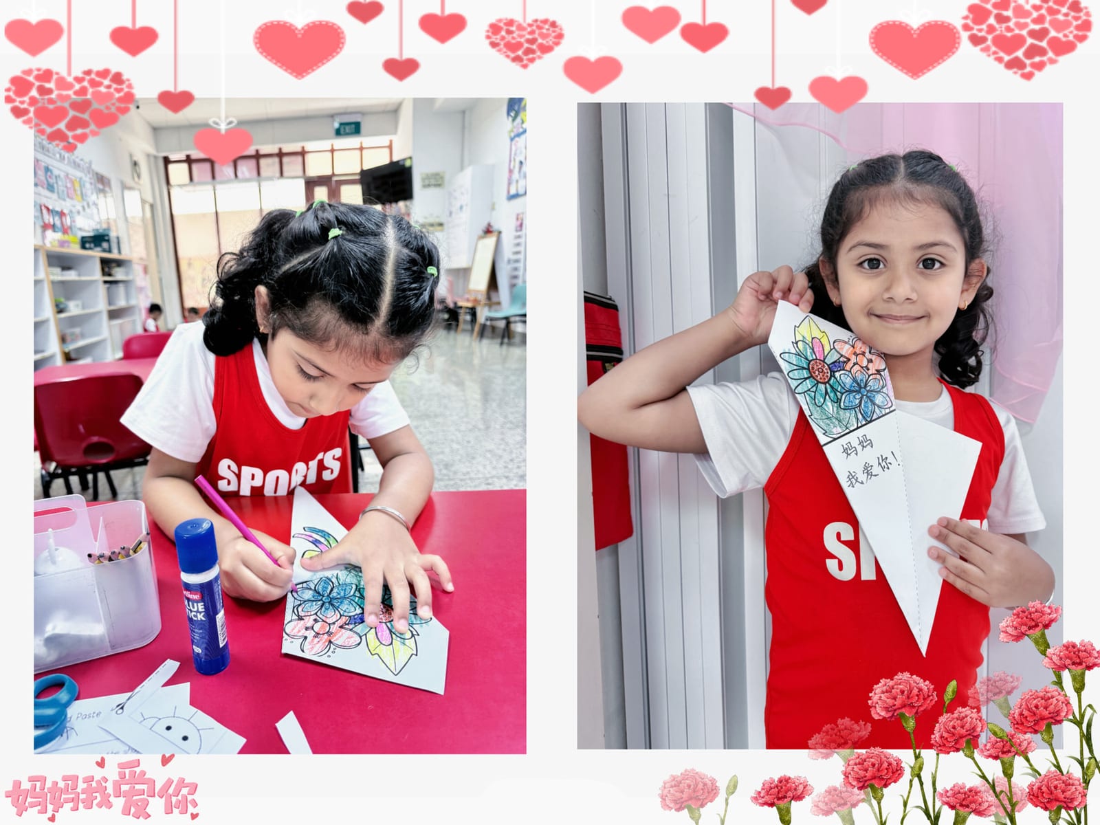 A child colouring and proudly holding her Mother's Day flower craft